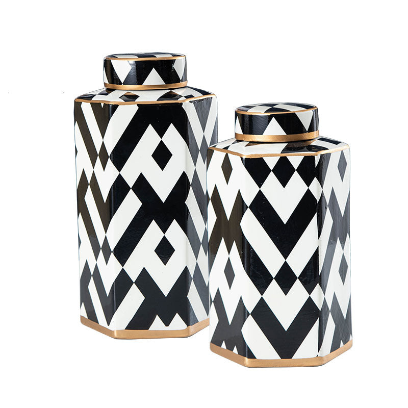 Geometric Black & White Striped Ceramic Storage Jar