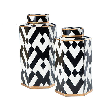 Geometric Black & White Striped Ceramic Storage Jar Hot Deal Warehouse