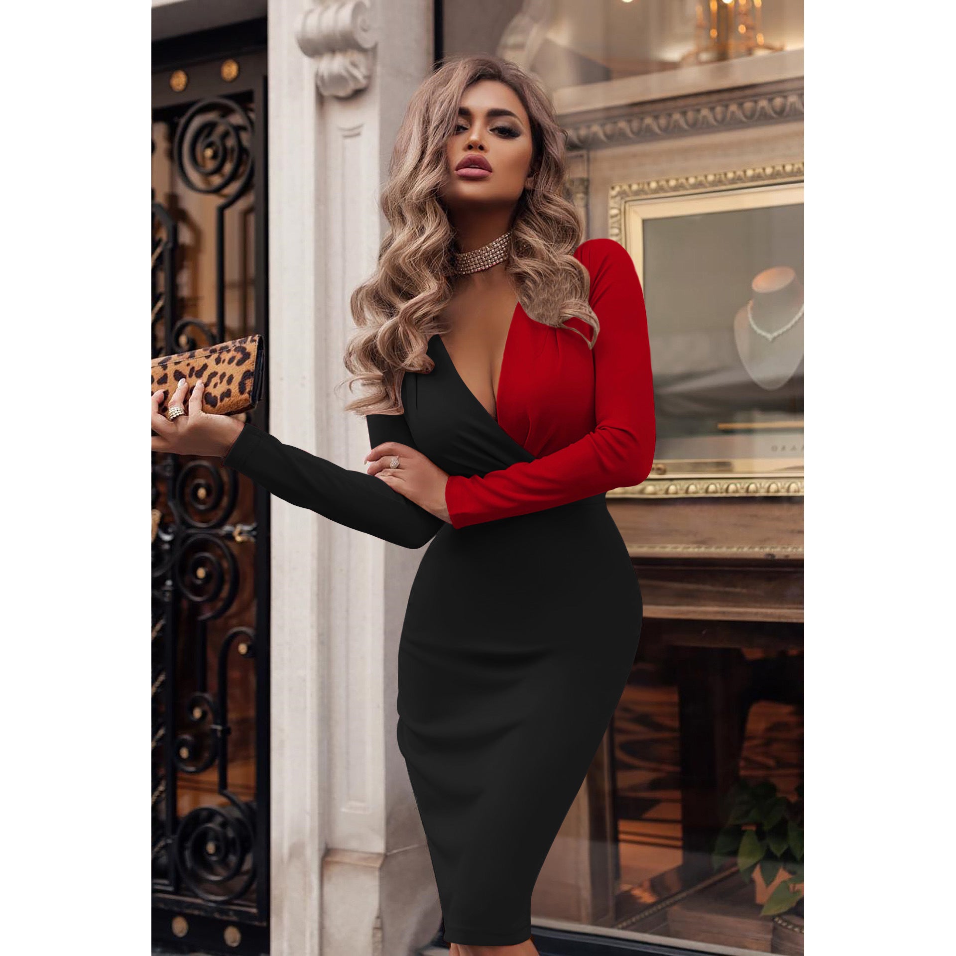 “Emilia Deep V Pleated Long Sleeve Dress – elegant women’s dress with a deep v-neck and pleated long sleeves, perfect for special occasions and evening events – Hot Deal Warehouse fashion”

