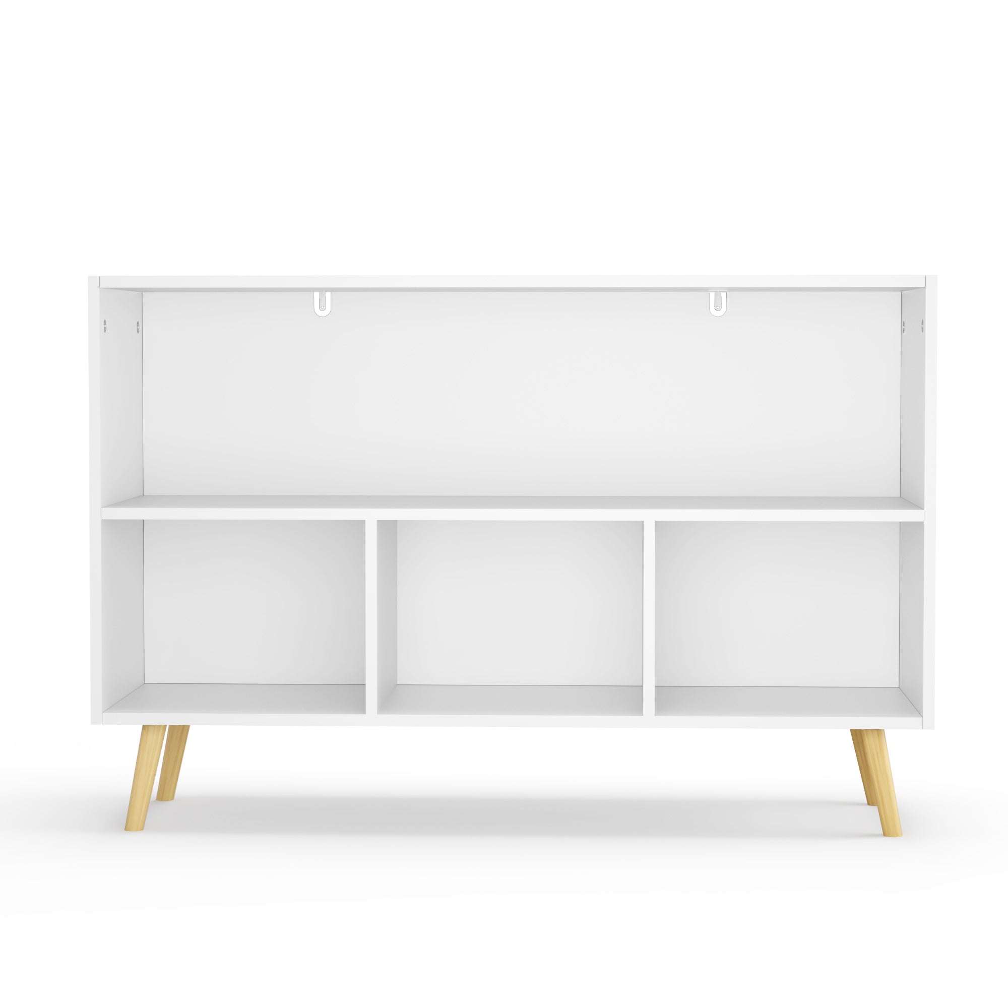 White kids bookcase with gray fabric drawers and books displayed