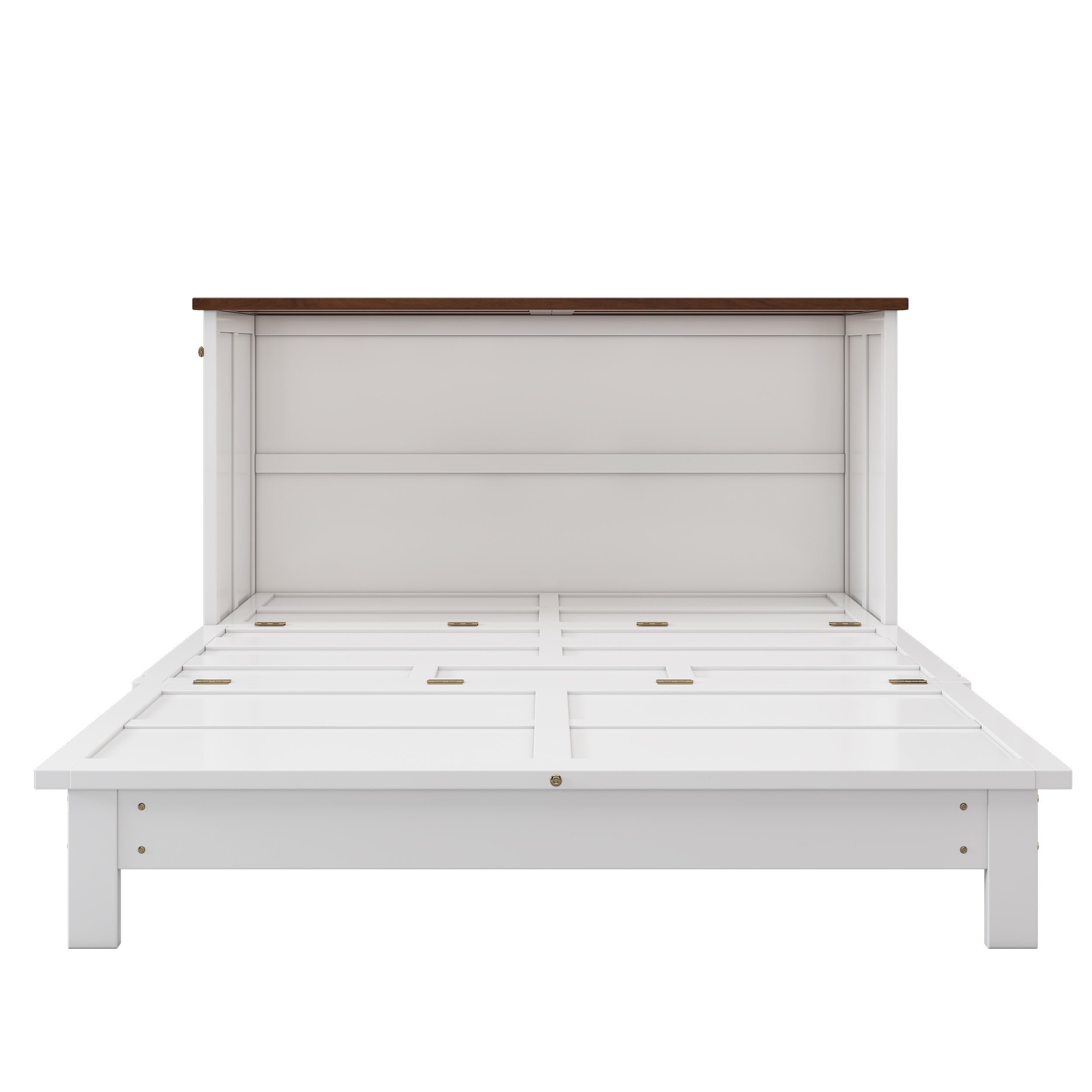 White and walnut queen Murphy bed chest in closed position