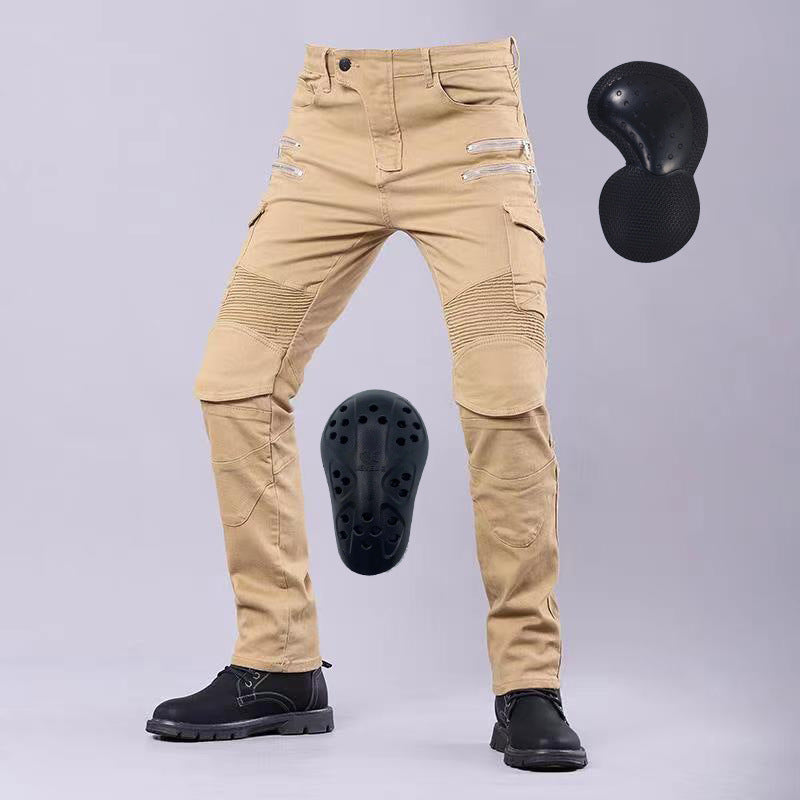 Men’s motorcycle riding jeans with reinforced knee and hip protection, durable denim, and a stylish biker design.