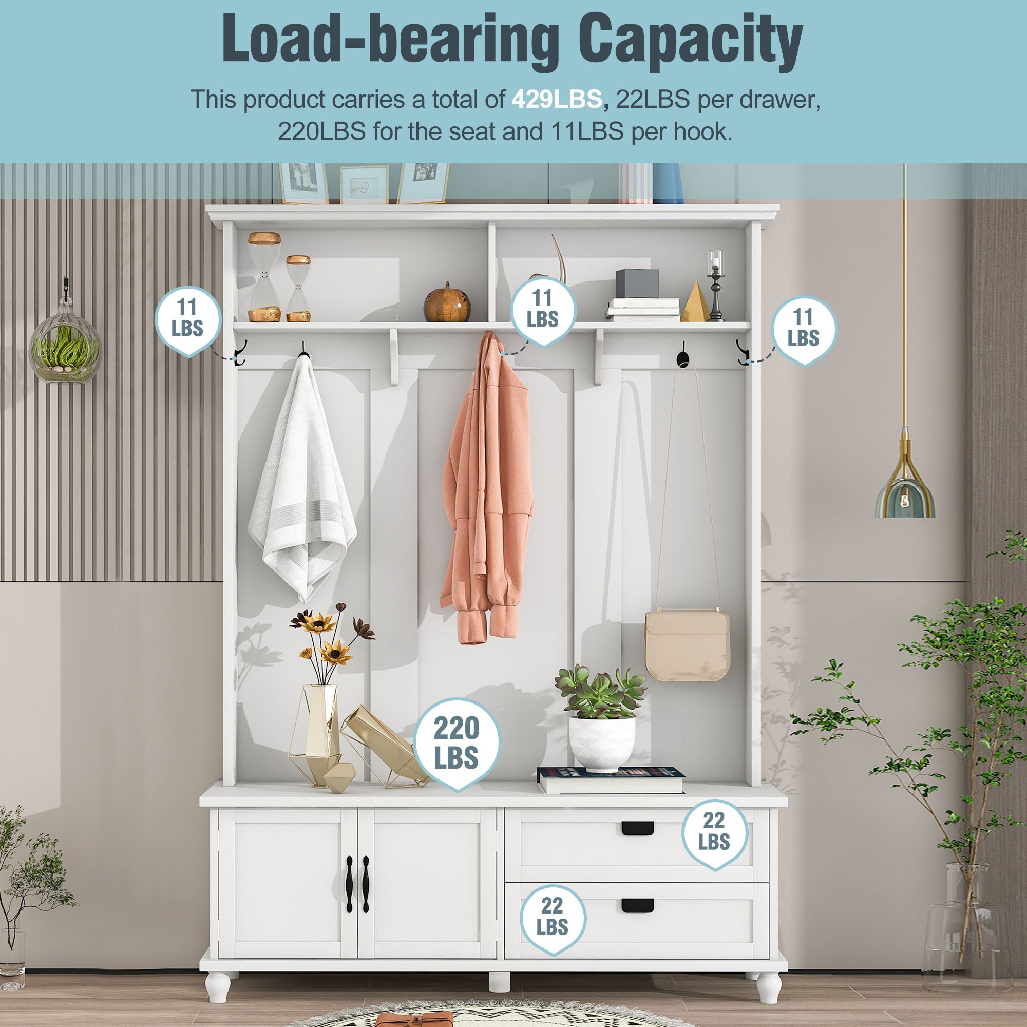 ON-TREND white hall tree with bench, coat hooks, drawers, and cabinet