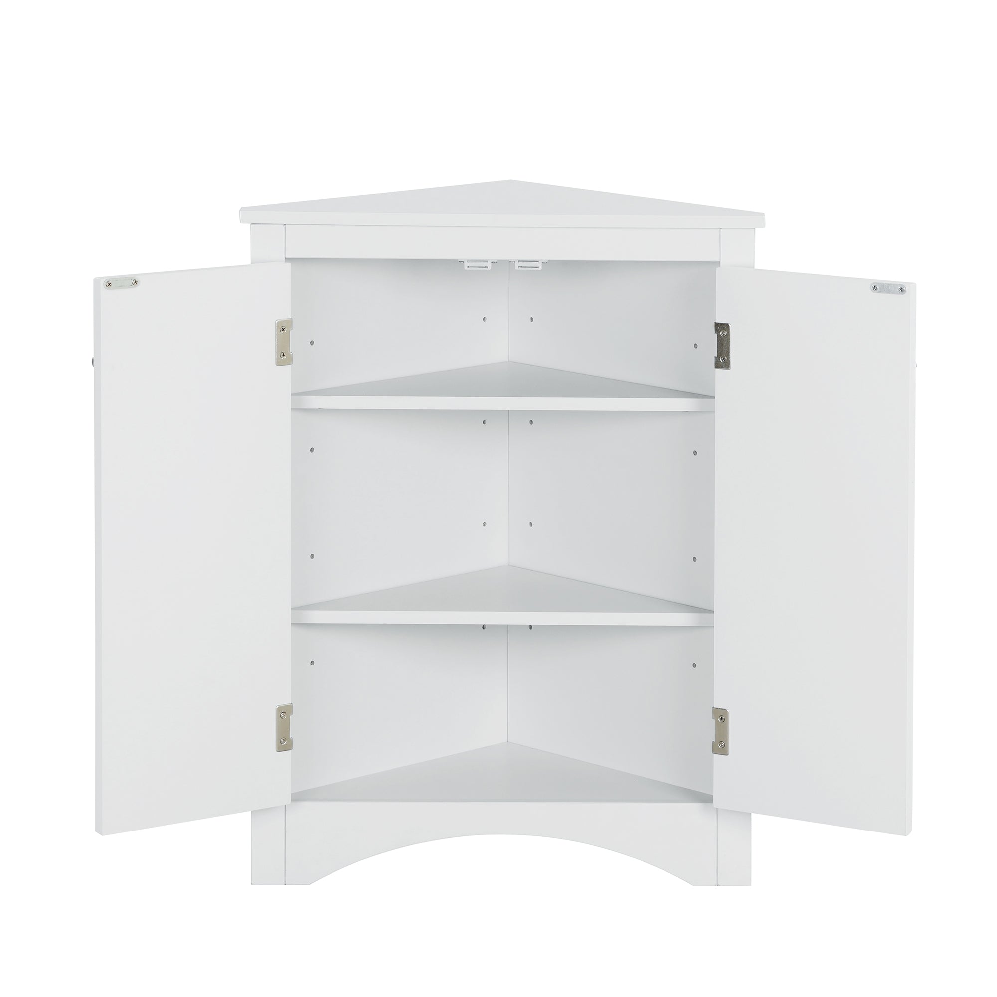 White triangle bathroom storage cabinet with a compact, space-saving design, featuring multiple shelves for organizing toiletries, towels, and other bathroom essentials. Made from durable materials, this sleek cabinet adds a functional and stylish touch to any bathroom decor.
