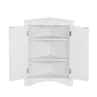 White triangle bathroom storage cabinet with a compact, space-saving design, featuring multiple shelves for organizing toiletries, towels, and other bathroom essentials. Made from durable materials, this sleek cabinet adds a functional and stylish touch to any bathroom decor.