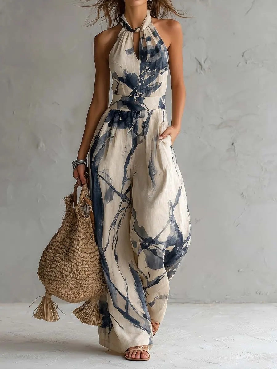 New halter backless jumpsuit, blue and white tie-dye wide-leg pants, summer beach women's wear Hot Deal Warehouse