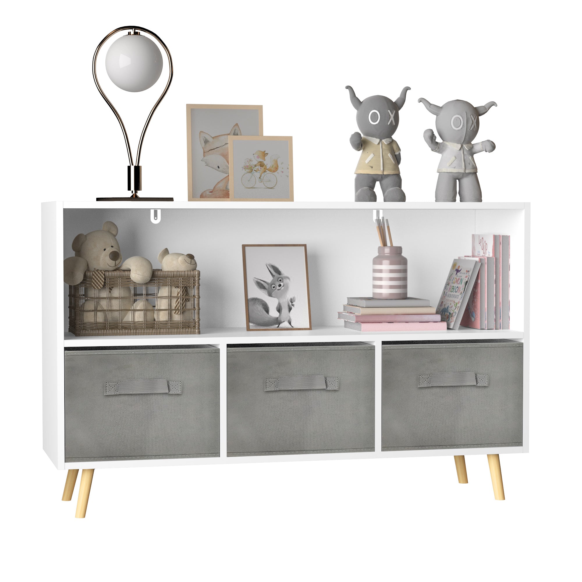White kids bookcase with gray fabric drawers and books displayed