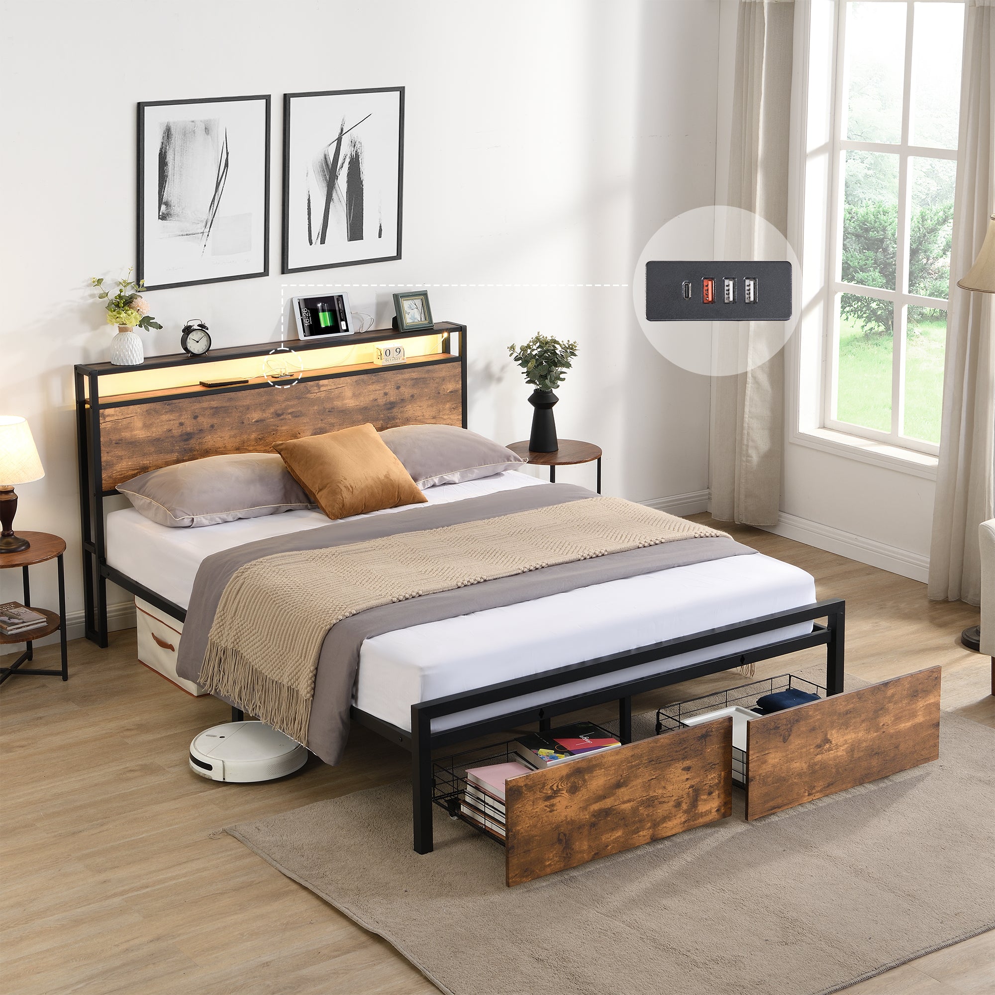 Full-size bed frame with LED headboard, drawers, and charging ports
