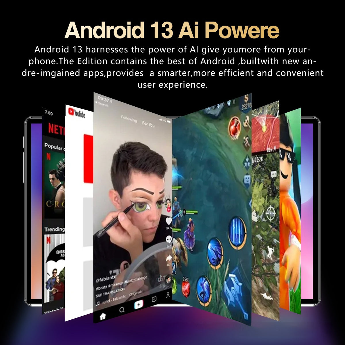 Promotional image of Android 13 with various app icons and a user interface on a dark background.