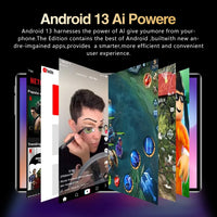 Promotional image of Android 13 with various app icons and a user interface on a dark background.