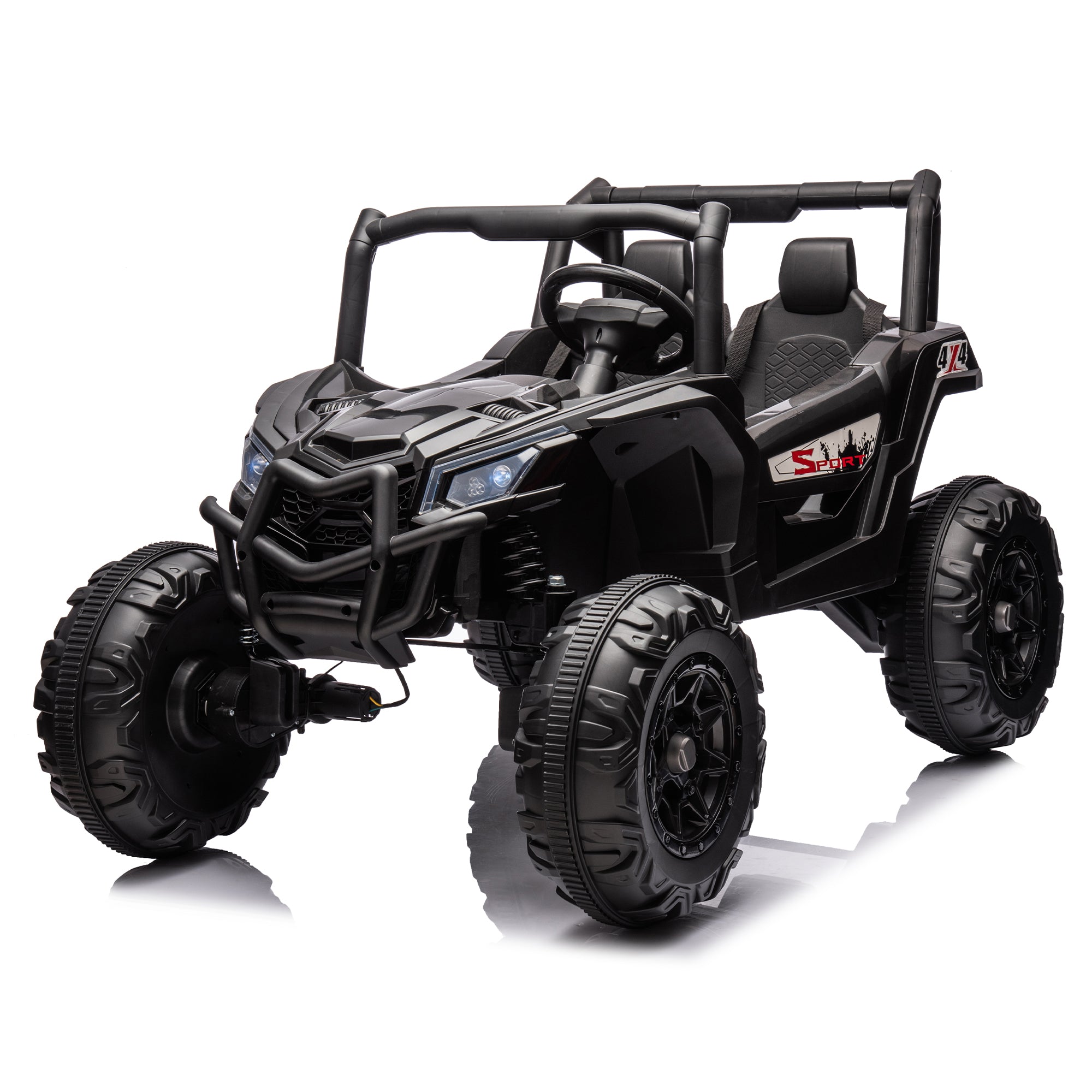 Side by side 4x4 ride-on truck for kids, featuring a durable design with working headlights, adjustable seat, and forward/reverse motion. Equipped with realistic off-road tires and easy-to-use controls, this electric truck provides an exciting outdoor adventure for children ages 3-7