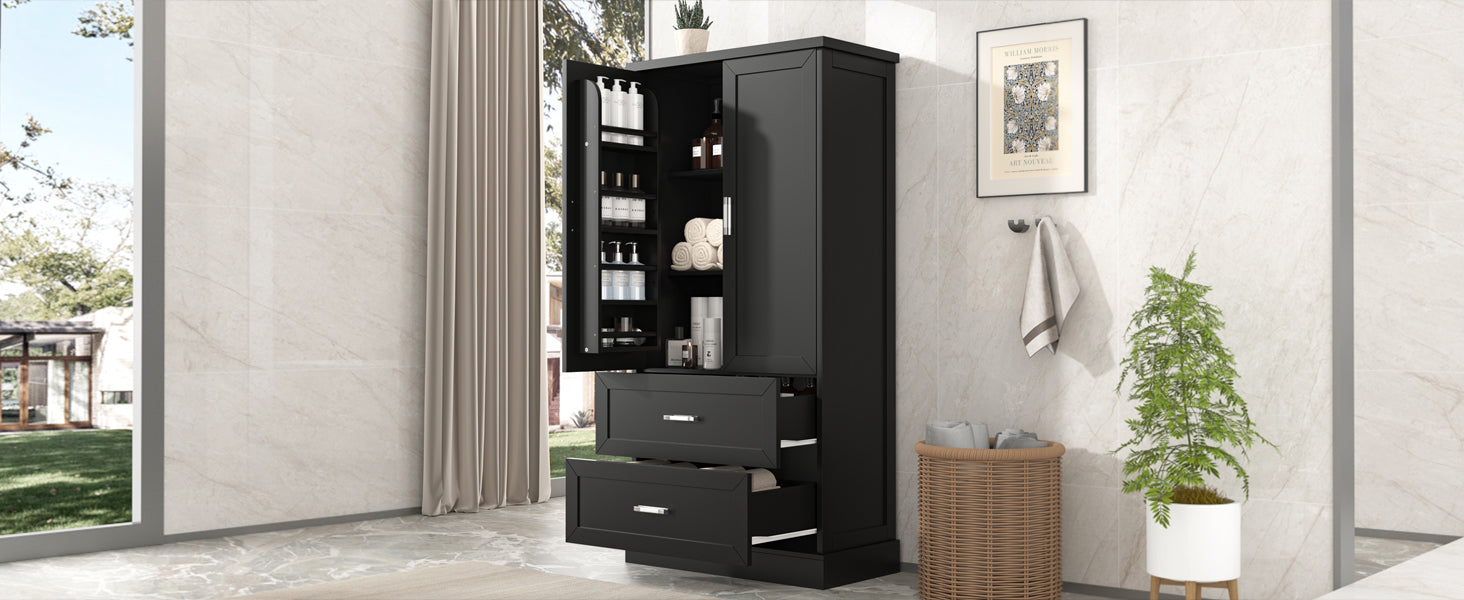 Tall black bathroom storage cabinet with doors and drawers