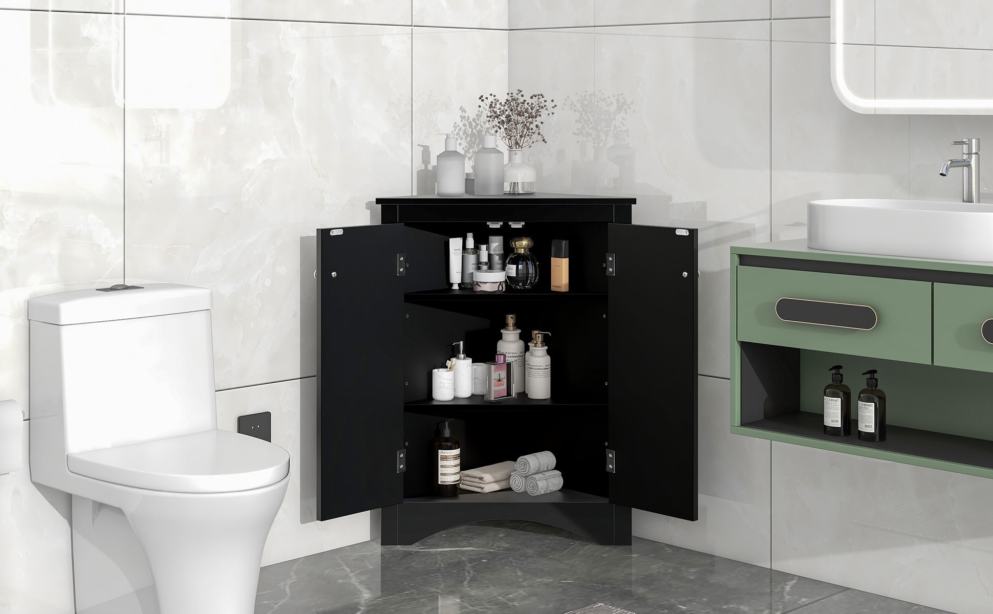 “Black triangle bathroom storage cabinet – modern, space-saving corner organizer for toiletries and essentials – Hot Deal Warehouse home furniture”

