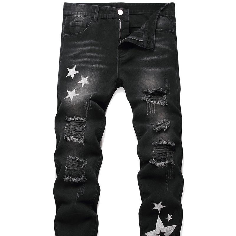 Front view of men's ripped motorcycle jeans with decorative zipper detailing