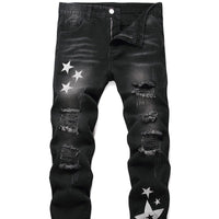 Front view of men's ripped motorcycle jeans with decorative zipper detailing