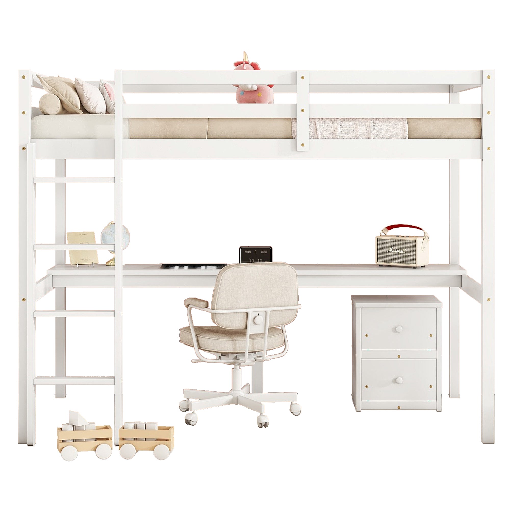 Full view of white twin loft bed with built-in desk and drawers underneath

