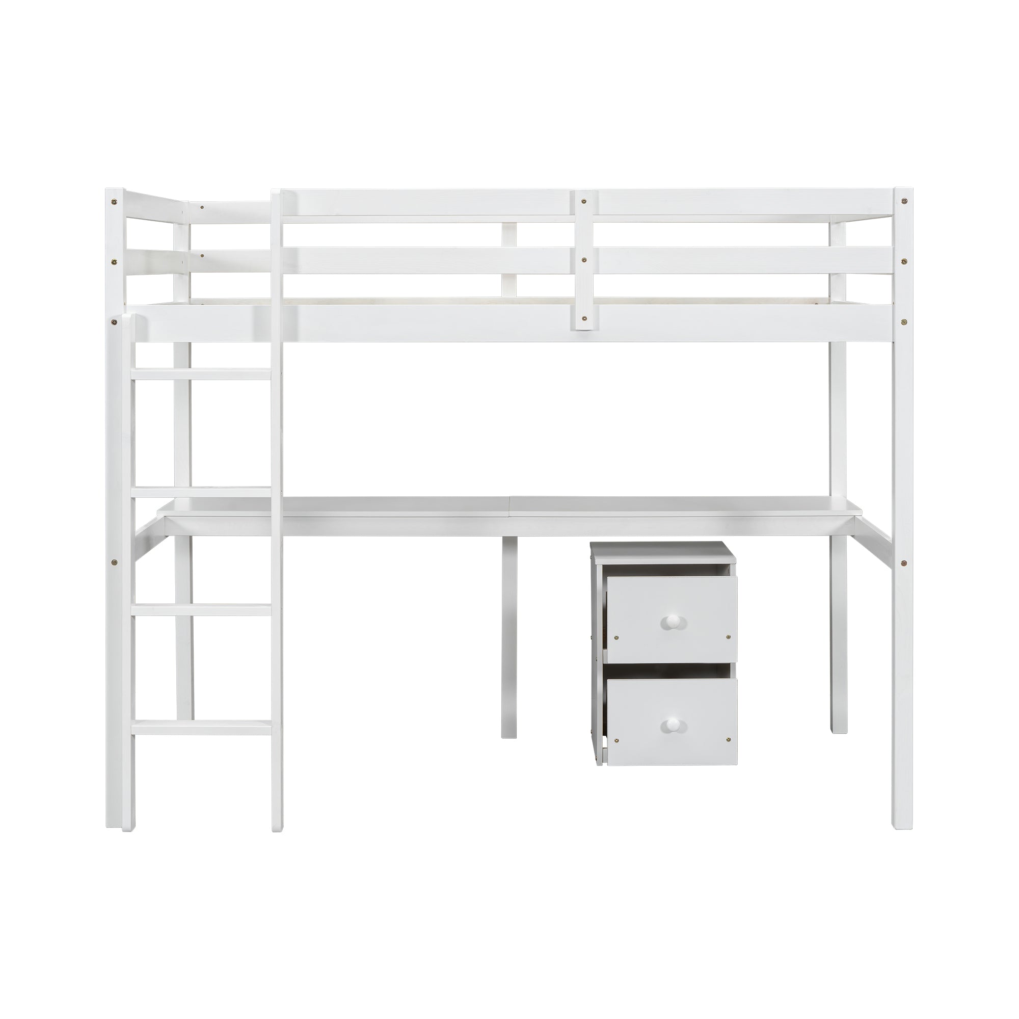 Full view of white twin loft bed with built-in desk and drawers underneath

