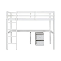 Full view of white twin loft bed with built-in desk and drawers underneath

