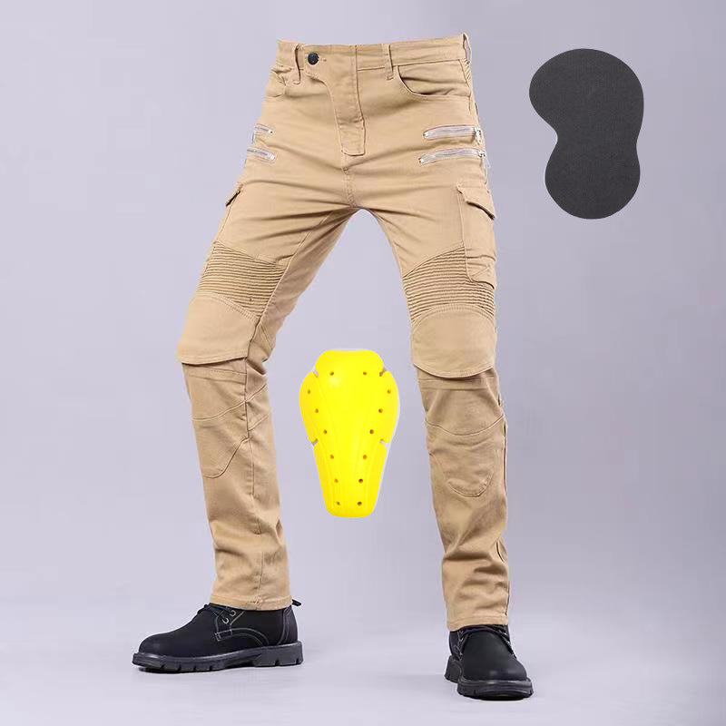 Men’s motorcycle riding jeans with reinforced knee and hip protection, durable denim, and a stylish biker design.
