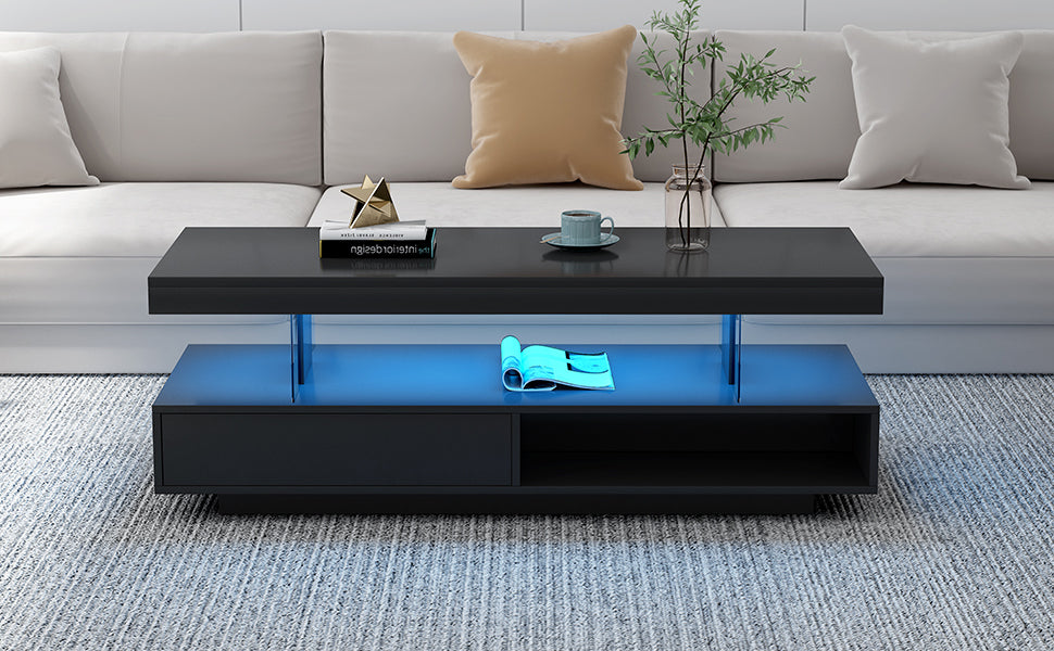 U-Can black LED coffee table with drawers and display shelf