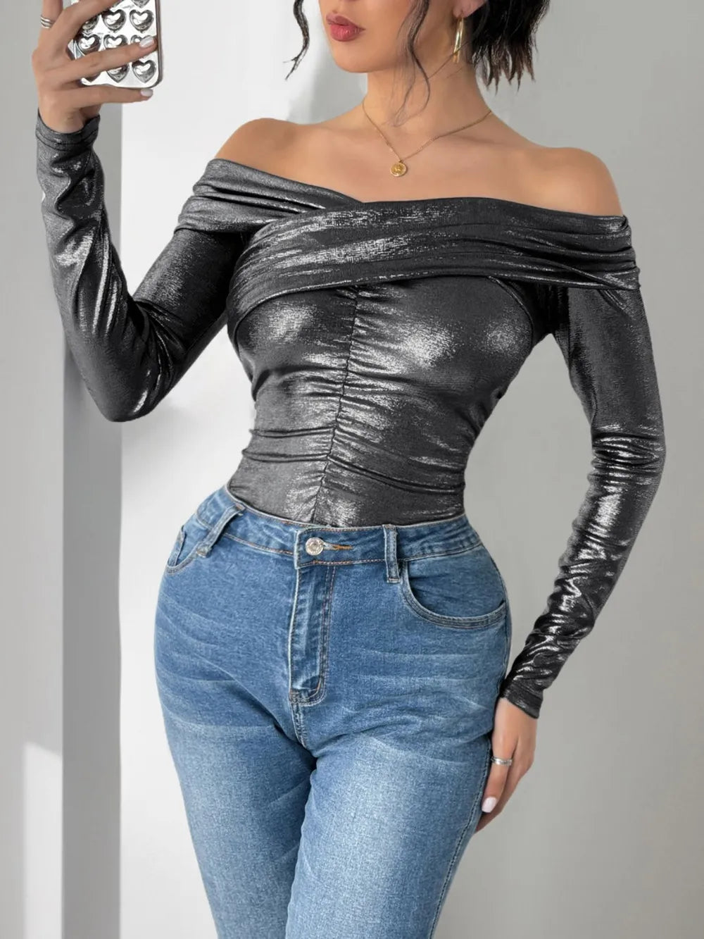 Perfee ruched off-shoulder bodysuit with long sleeves, front view

