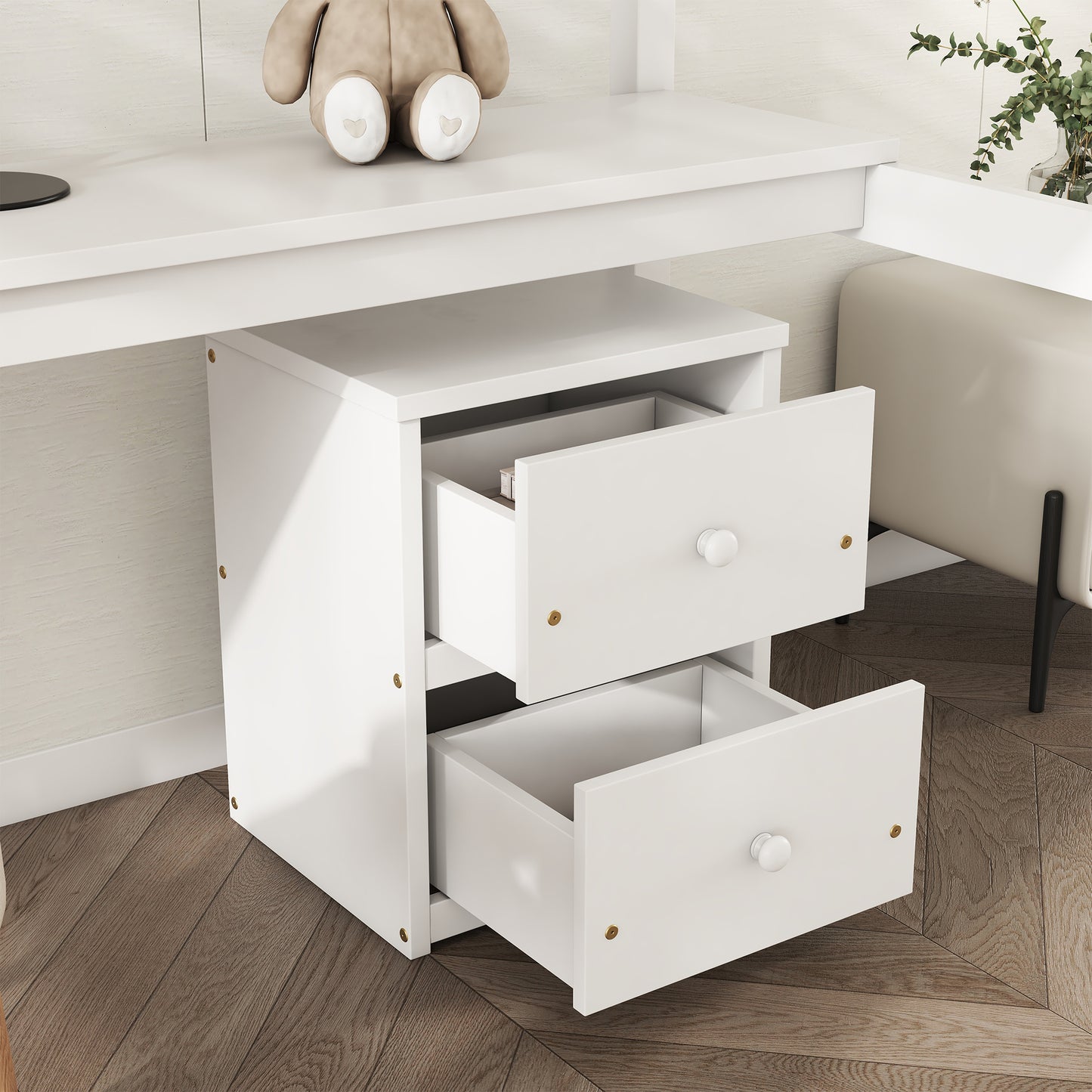 Full view of white twin loft bed with built-in desk and drawers underneath

