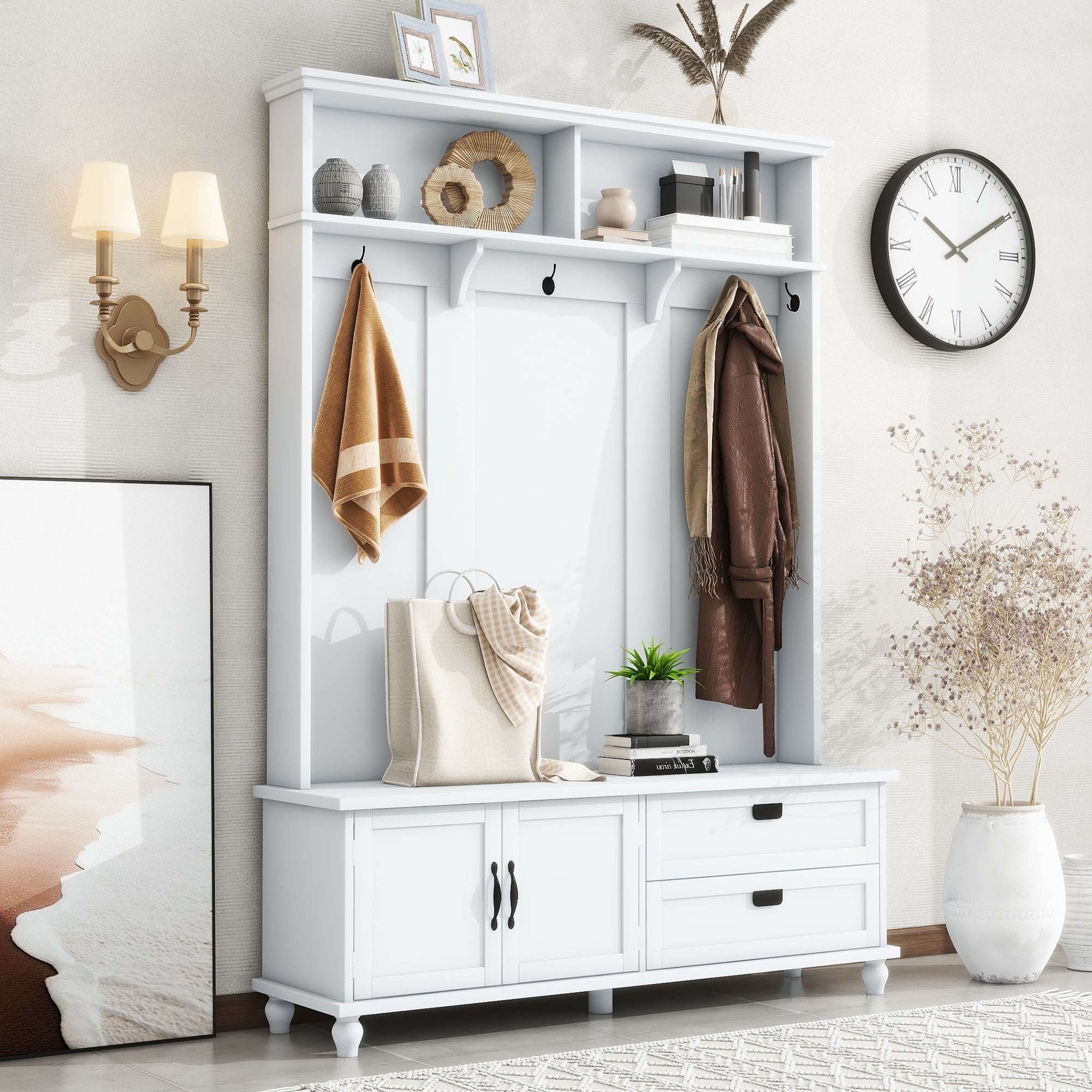 ON-TREND white hall tree with bench, coat hooks, drawers, and cabinet