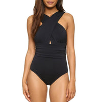 Tequila Shots cross halter swimsuit featuring a trendy and bold design with a flattering cross-back halter top. Made from high-quality, stretchy fabric for comfort and style, perfect for beach days, pool parties, and sunny vacations.