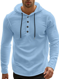 Men’s plus size hoodie with button detail and drawstring hood in long sleeve design.

