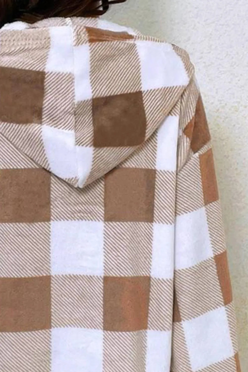 Women's checkered plush hoodie with semi-open collar, front view

