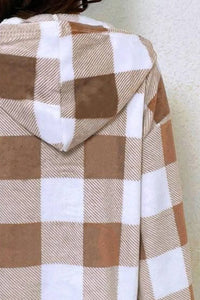 Women's checkered plush hoodie with semi-open collar, front view

