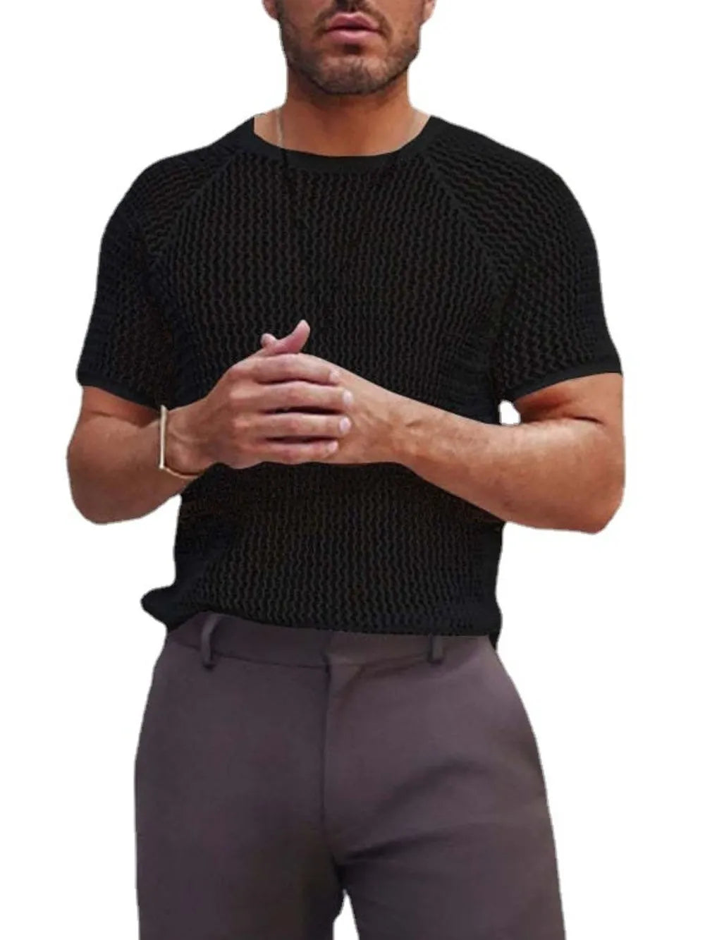 Men's openwork short sleeve t-shirt with round neck, front view

