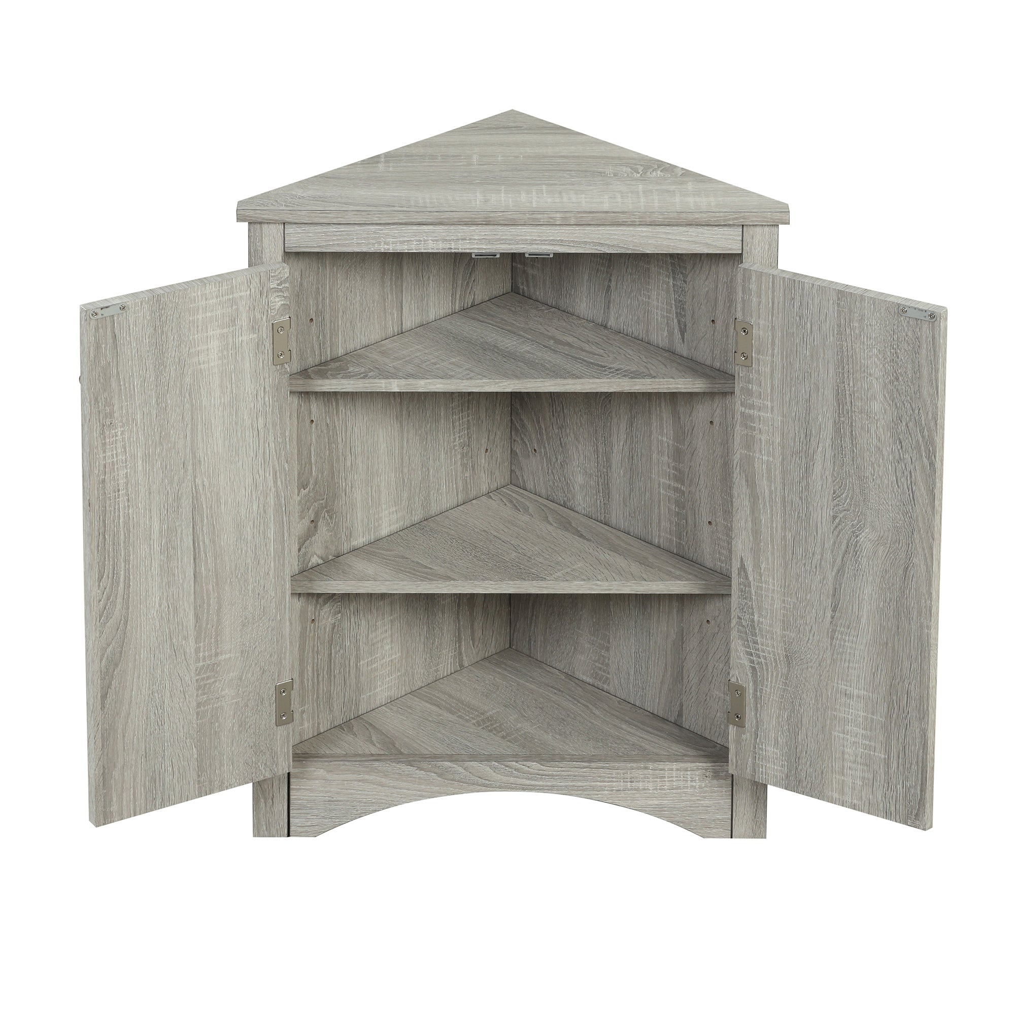 Oak triangle bathroom storage cabinet with a stylish, space-saving design, featuring multiple shelves for organizing toiletries, towels, and other bathroom essentials. Crafted from durable oak wood, this elegant cabinet adds both functionality and natural charm to any bathroom