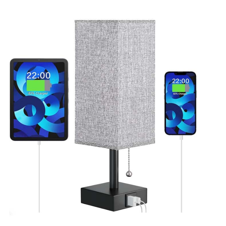 Modern square linen desk lamp with USB charging ports and 3-color dimmable lighting on a minimalist nightstand

