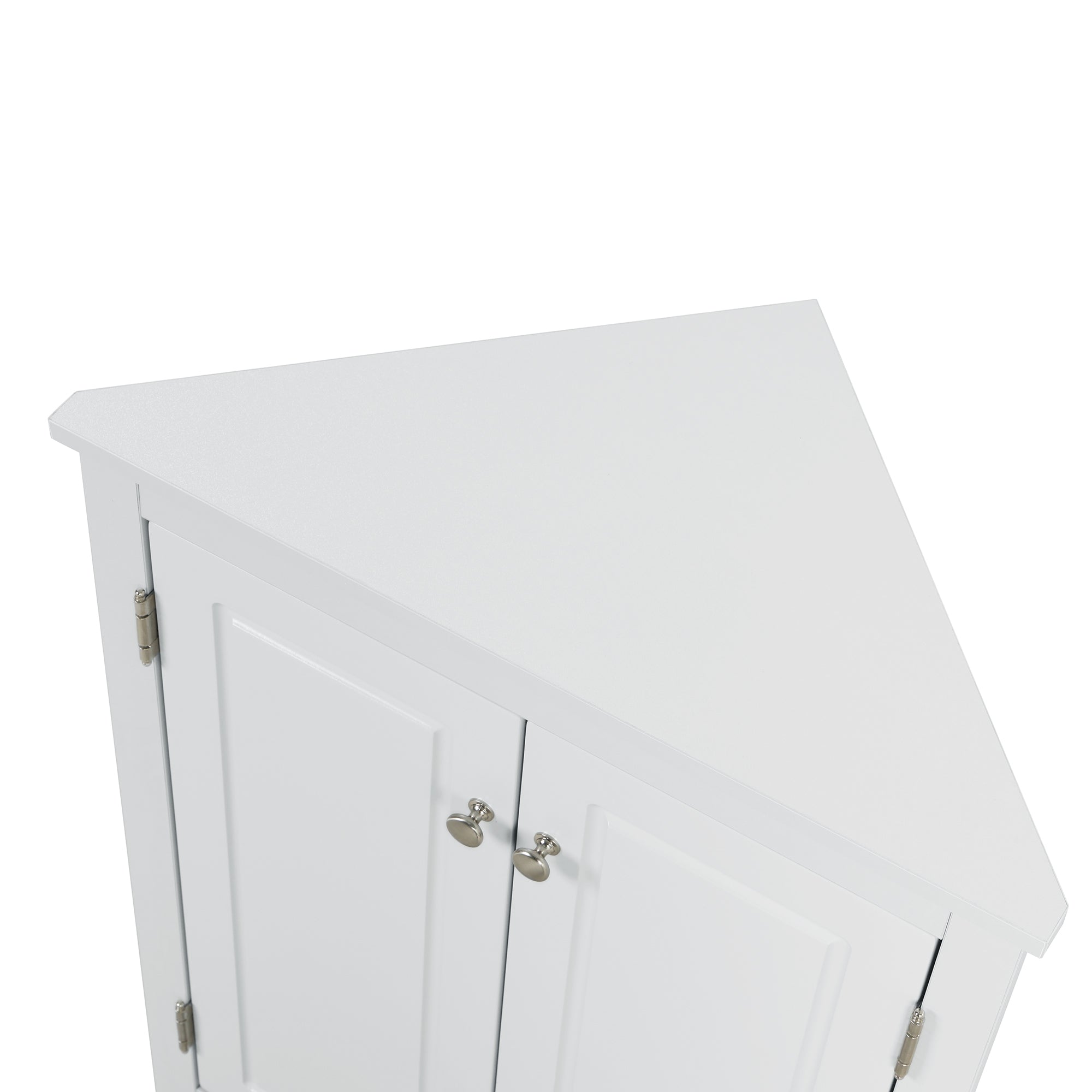 White triangle bathroom storage cabinet with a compact, space-saving design, featuring multiple shelves for organizing toiletries, towels, and other bathroom essentials. Made from durable materials, this sleek cabinet adds a functional and stylish touch to any bathroom decor.