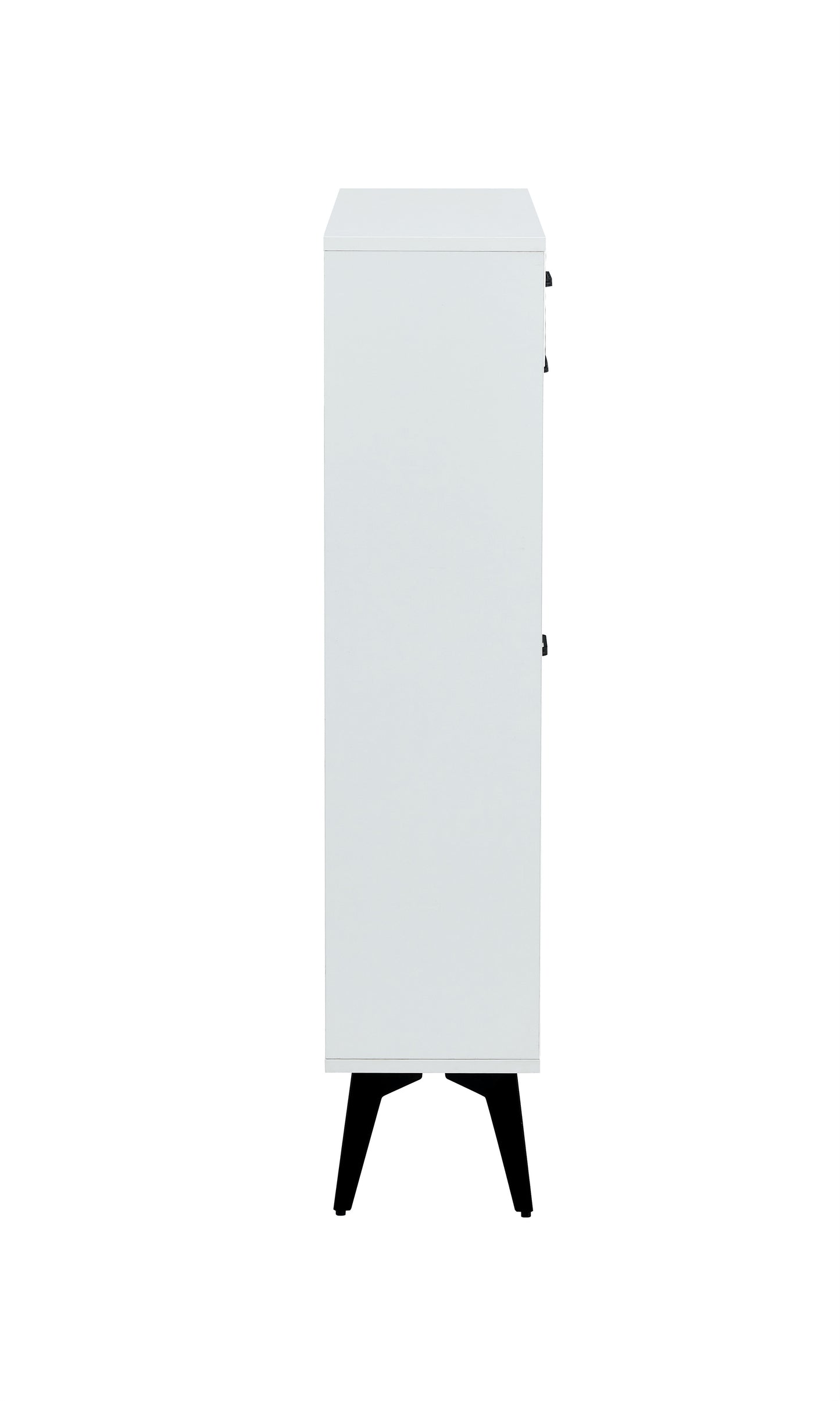 White shoe cabinet with open shelves and metal legs
