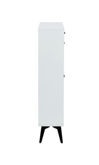White shoe cabinet with open shelves and metal legs