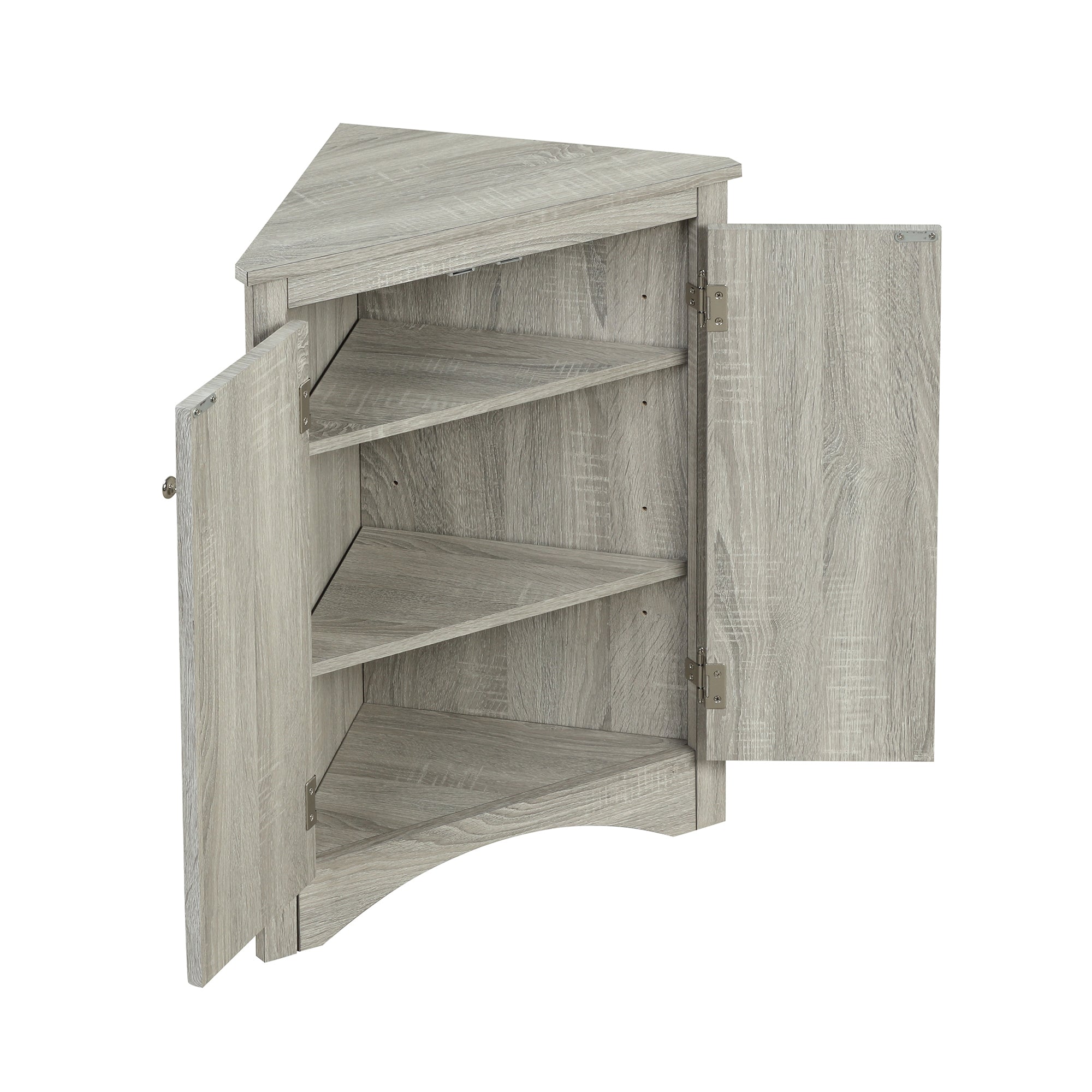 Oak triangle bathroom storage cabinet with a stylish, space-saving design, featuring multiple shelves for organizing toiletries, towels, and other bathroom essentials. Crafted from durable oak wood, this elegant cabinet adds both functionality and natural charm to any bathroom