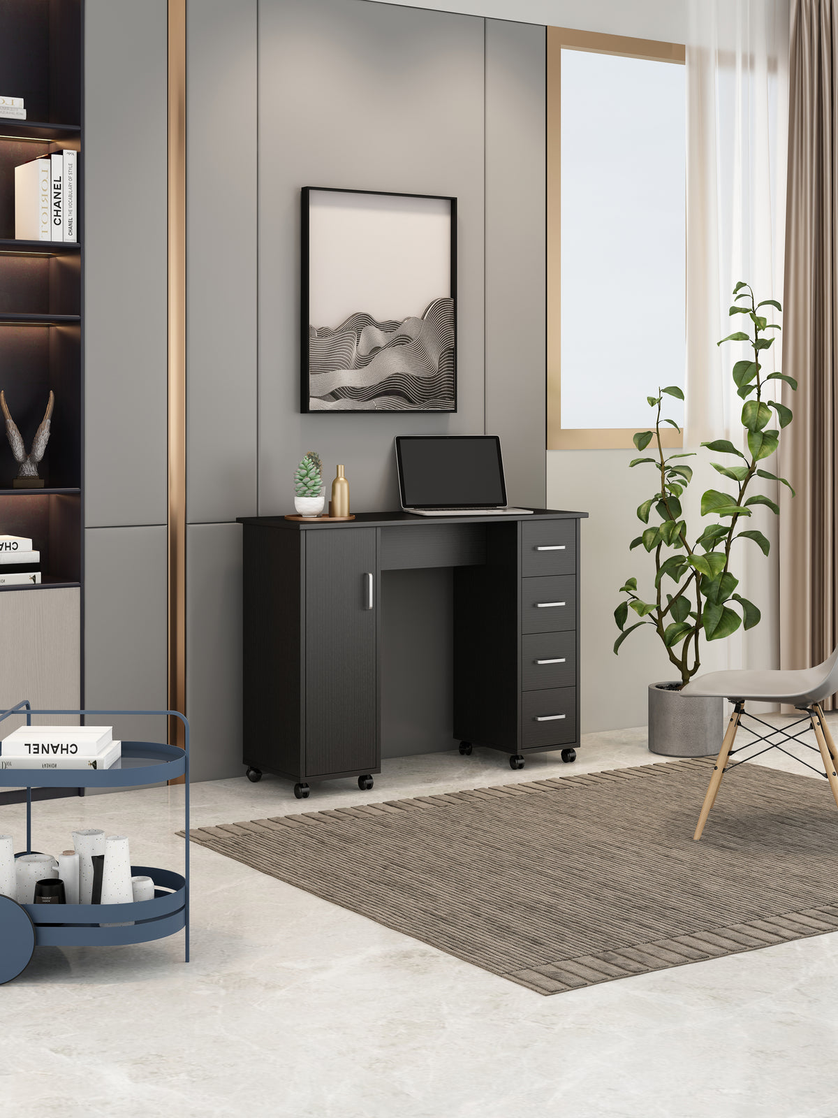 Home office computer desk with a spacious work surface and built-in drawers for storage. Features a modern design with sturdy construction, offering ample space for a computer, office supplies, and personal items, perfect for creating an organized and productive workspace