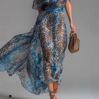 Leopard Print Chiffon Dress with Asymmetrical Shoulder, Ruffle, Waist Cinching, Vacation Long Dress Hot Deal Warehouse