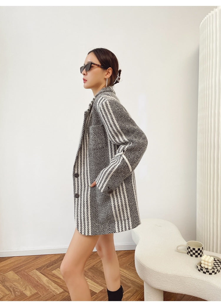 Vintage Striped Weave Woolen Blazer Coat for Women, Autumn Winter Casual Suit Jacket








