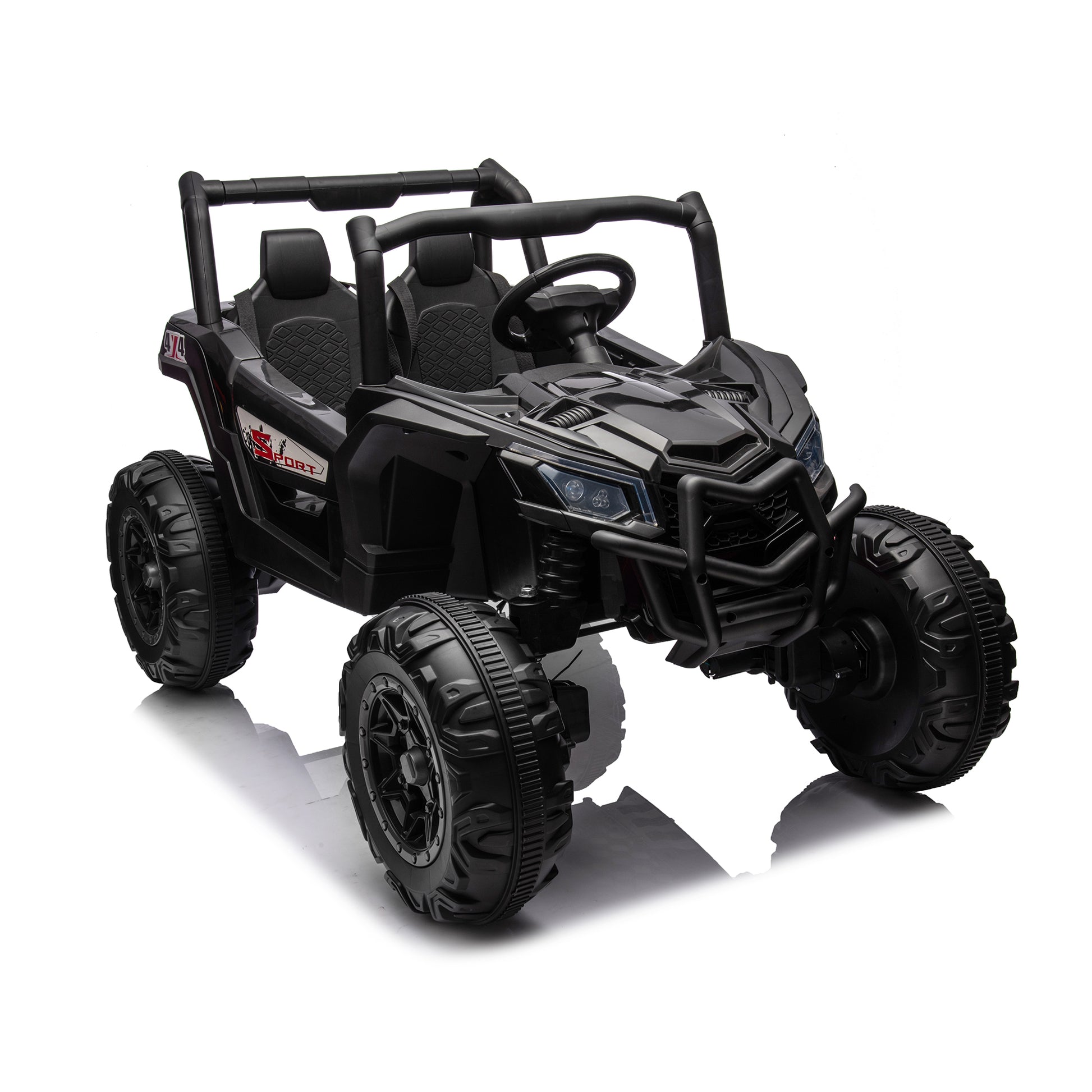 Side by side 4x4 ride-on truck for kids, featuring a durable design with working headlights, adjustable seat, and forward/reverse motion. Equipped with realistic off-road tires and easy-to-use controls, this electric truck provides an exciting outdoor adventure for children ages 3-7