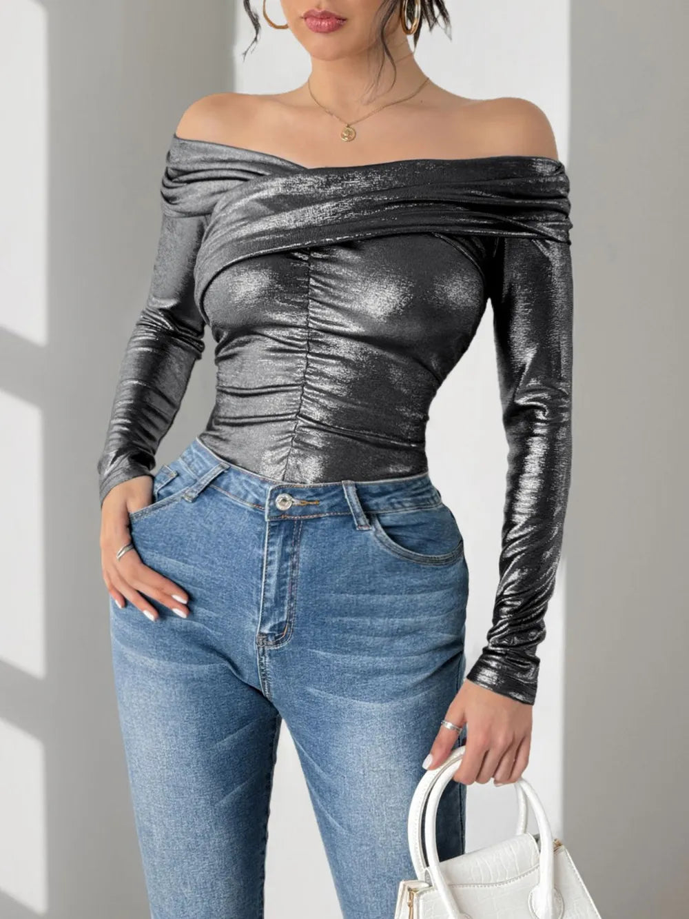 Perfee ruched off-shoulder bodysuit with long sleeves, front view

