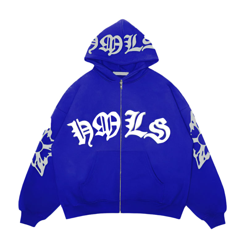 Oversized unisex hoodie with Gothic letter print and zipper – streetwear fashion for men and women.

