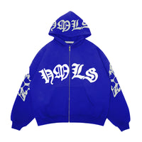 Oversized unisex hoodie with Gothic letter print and zipper – streetwear fashion for men and women.

