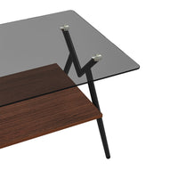 Rectangular coffee table with gray glass top and brown MDF shelf
