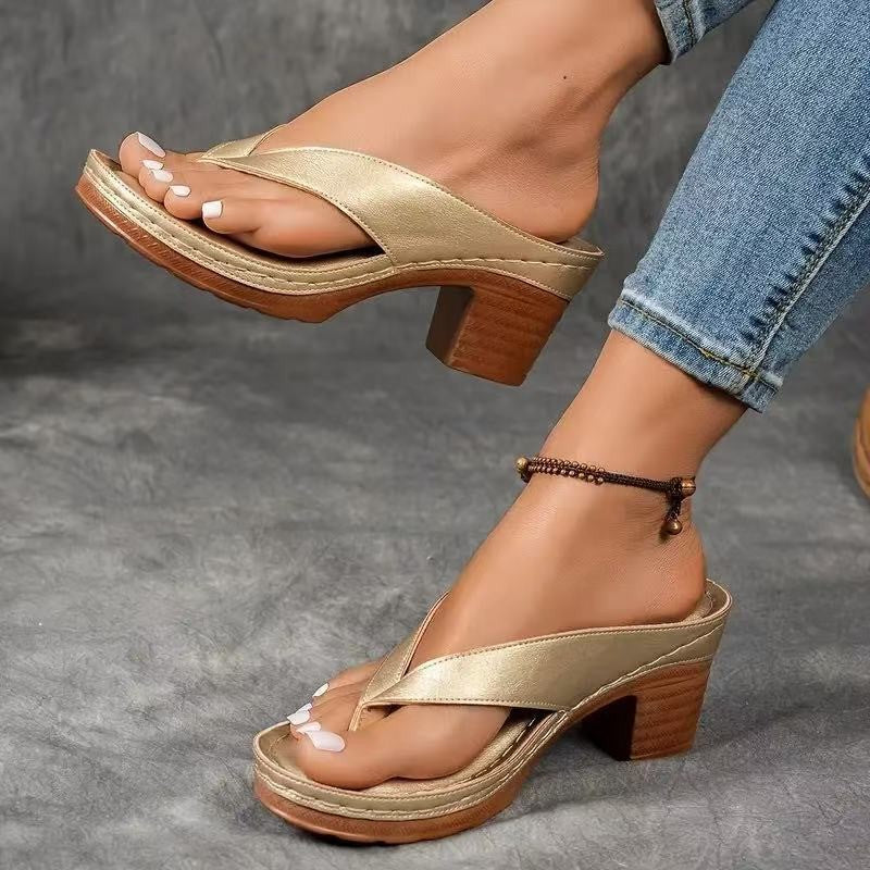 Women's solid color fashion wedge flip-flops with cushioned sole.

