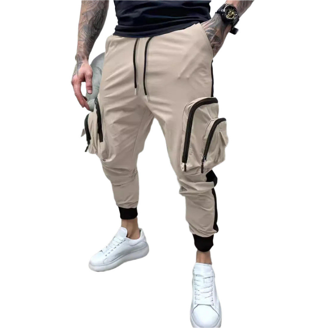 Casual tapered overalls with a zipper closure, color-blocked design, and multiple pockets for a stylish and functional look.