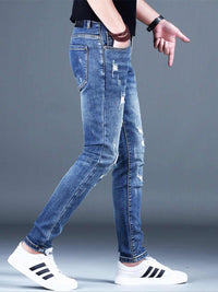 Men’s Ripped Fleece Padded Jeans – slim-fit, stretchable, and fleece-lined for warmth and style.