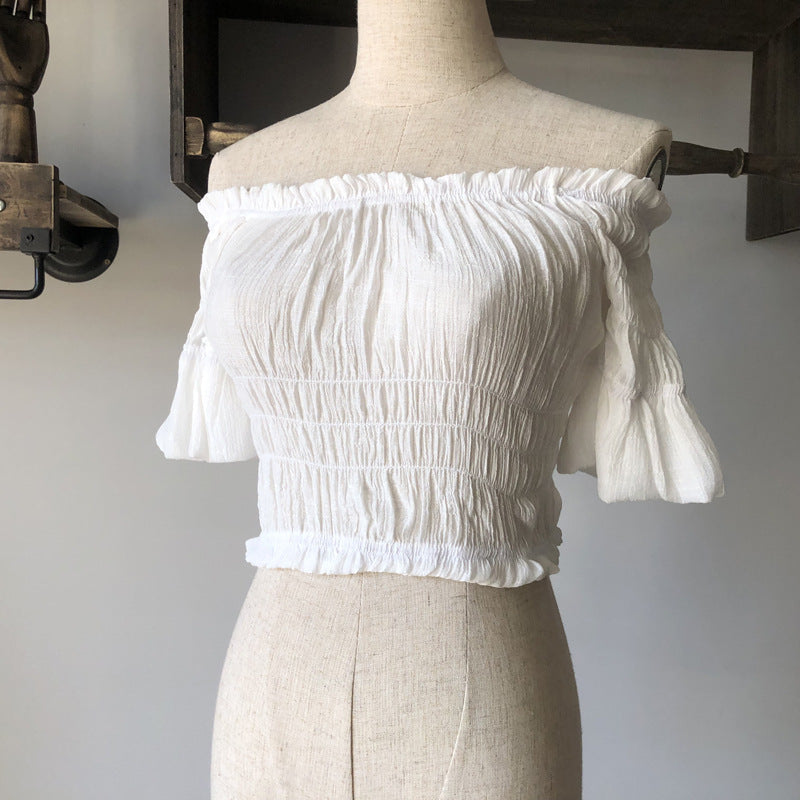 Women's off-shoulder swimsuit top, beach bikini with slubbed fabric, breathable and stylish vacation swimwear.








